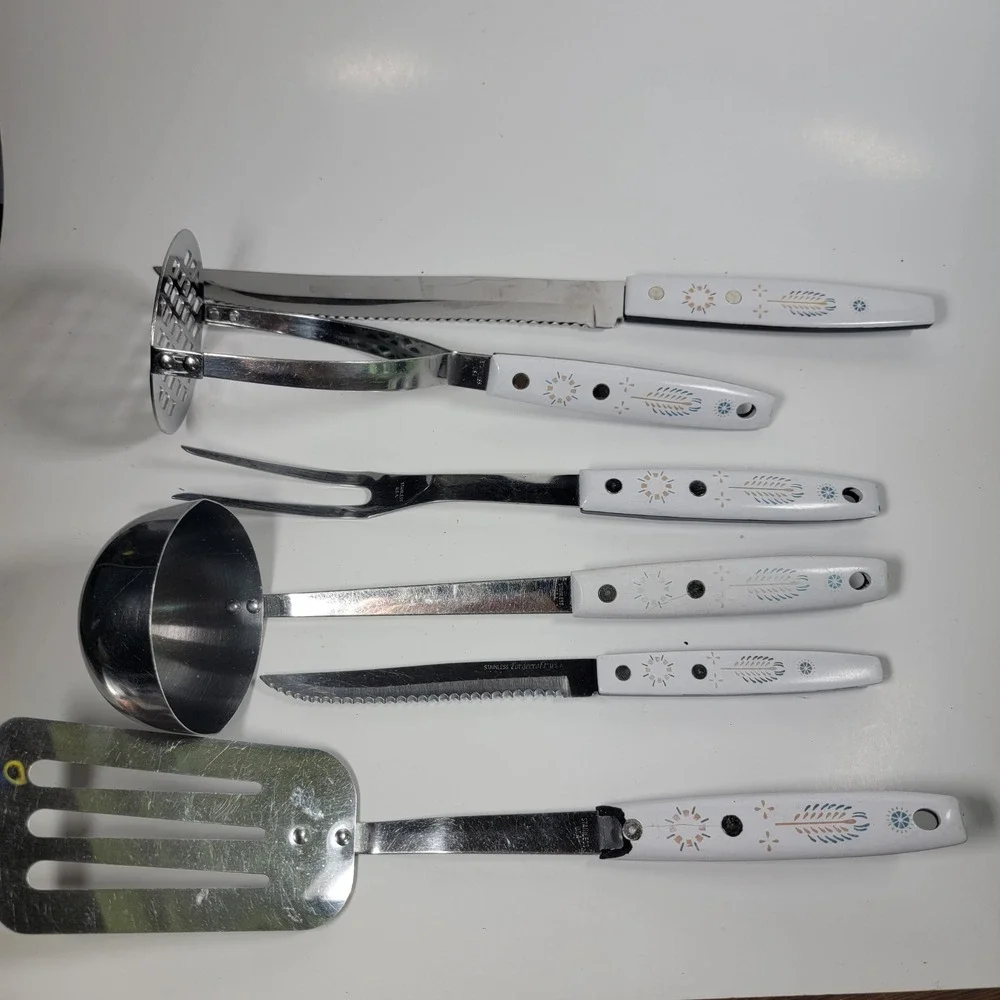 Vintage Forgecraft USA White Handle Kitchen Utensil‎ Set Ladle Spatula
